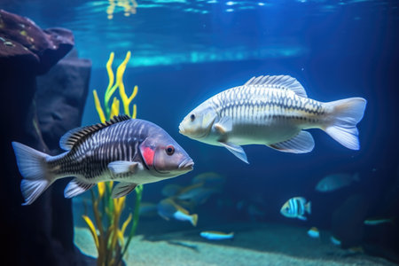 two different species of fish swimming in the same aquarium, created with generative aiの素材