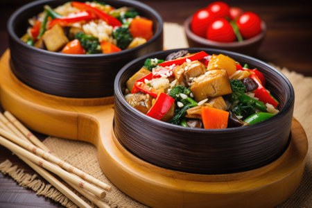 a stir-fried oriental vegan dish, served in bamboo bowls, created with generative aiの素材