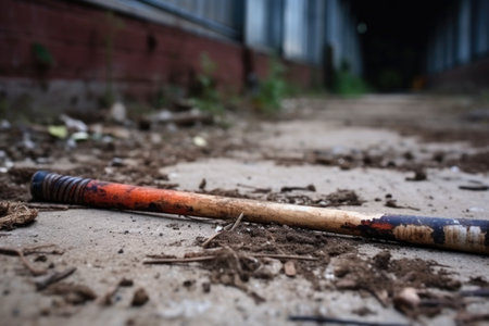 baseball bat with nails lying on empty backstreet, created with generative aiの素材