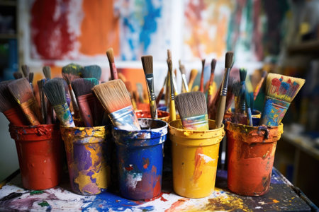 paintbrushes dipped in paint pots inside an art studio, created with generative aiの素材