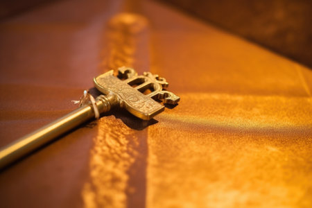 close-up shot of a golden key on top of a last testament, created with generative aiの素材