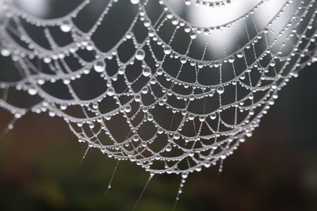 close-up of frozen dew drops on a spider web, created with generative aiの素材