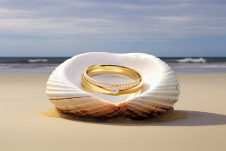 two golden rings nestled inside a large white clam shell on the sandy beach, created with generative aiの素材