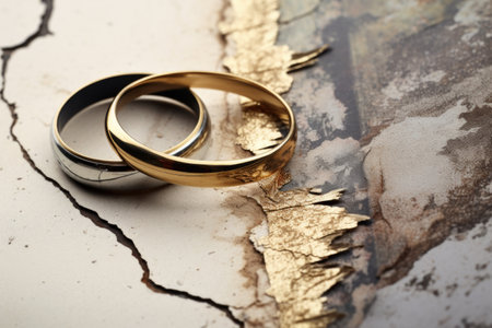 cracked wedding rings beside a faded wedding photo, created with generative aiの素材