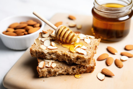 whole grain toast, almond butter, and honey drizzle, created with generative aiの素材