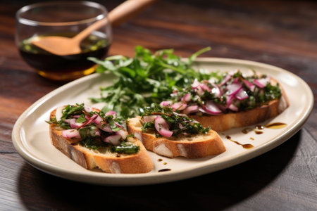 ceramic plate of bruschetta with chopped arugula and red onion, created with generative aiの素材
