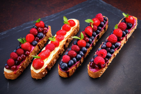 baguette slices topped with mixed berries against a brick wall background, created with generative aiの素材