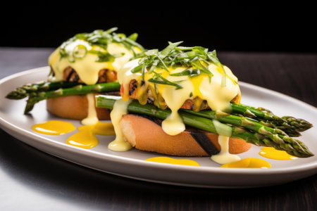 italian bruschetta with wood-fired asparagus and hollandaise sauce, created with generative aiの素材