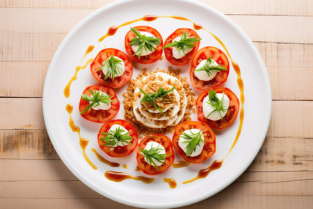 bruschetta with mozzarella arranged in a circle on white dish, created with generative aiの素材