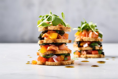 trio of bruschettas stacked vertically on a minimalist background, created with generative aiの素材