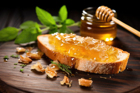 bruschetta with pear, honey drops on rustic wood, created with generative aiの素材