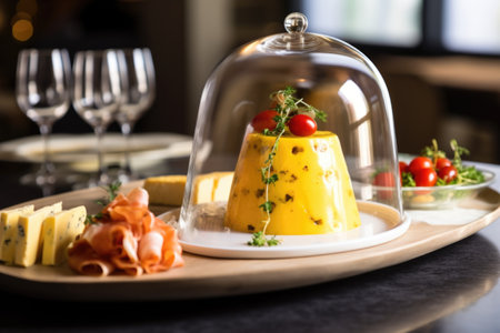 gouda bruschetta under a sleek cheese cloche on table, created with generative aiの素材
