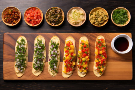 aerial view of gouda bruschetta assembly on wooden board, created with generative aiの素材