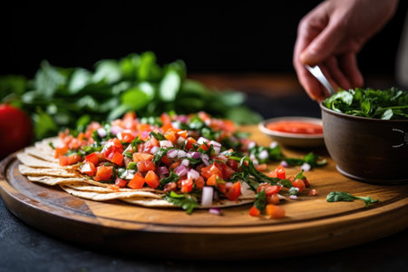 ladling fresh salsa on top of a chicken fajita, created with generative aiの素材