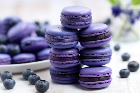 blueberry macarons paired with fresh blueberries, created with generative aiの素材
