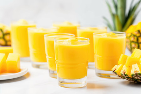 small shot glasses filled with bright mango-pineapple smoothies, created with generative aiの素材