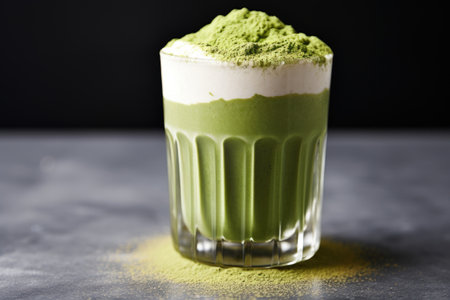 a double walled glass with matcha latte and crushed ice, created with generative aiの素材