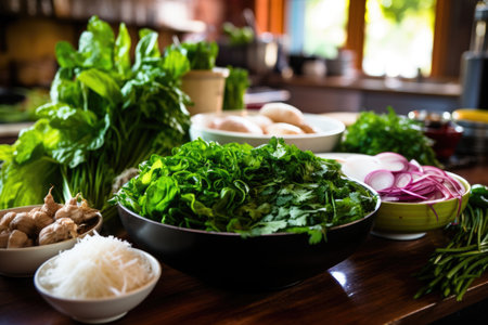 surroundings of a pho bowl, fresh ingredients and herbs, created with generative aiの素材
