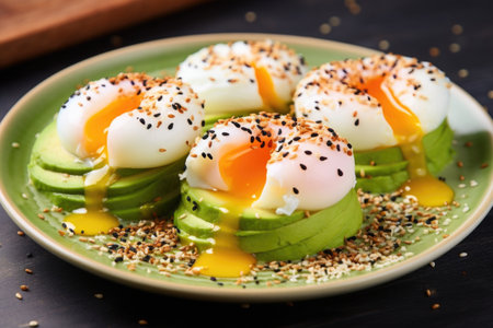 cracking poached eggs drift over avocado sprinkled with sesame seeds, created with generative aiの素材