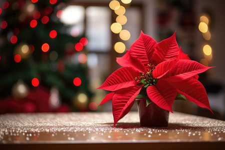 red poinsettia on table with christmas tree lights in distance, created with generative aiの素材