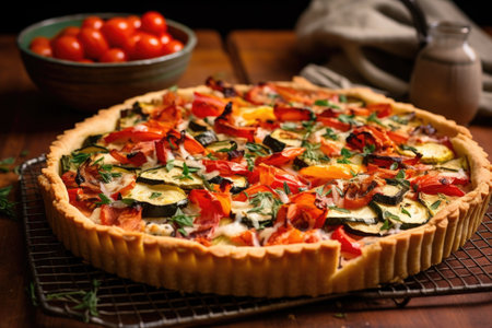 rustic vegetable tart on a cooling rack, created with generative aiの素材