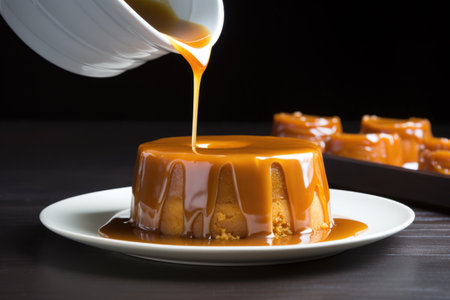 caramel pudding with glaze dripping on the sides, created with generative aiの素材