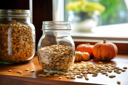 pumpkin seeds in a glass jar, situated on kitchen shelves, created with generative aiの素材