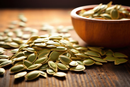 closeup image of raw pumpkin seeds on a wooden table, created with generative aiの素材