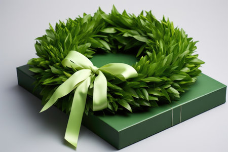 lush green wreath folded in a white box, created with generative aiの素材