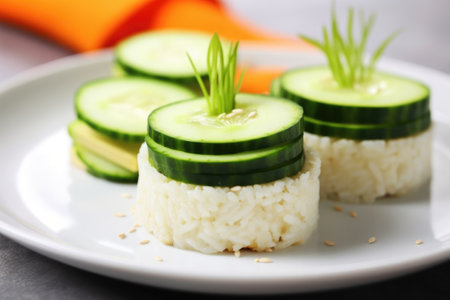 bright lighting on rice cake with avocado and cucumber pic, created with generative aiの素材