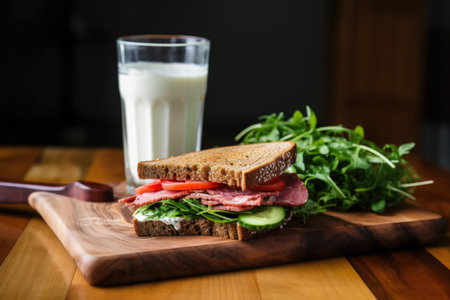 sandwich on sourdough on a wooden board, with a glass of milk, created with generative aiの素材