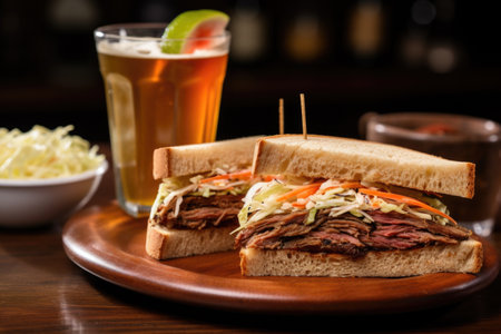 sandwich on rye with coleslaw and cold drink, created with generative aiの素材