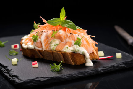 open-faced sandwich filled with coleslaw on black slate, created with generative aiの素材