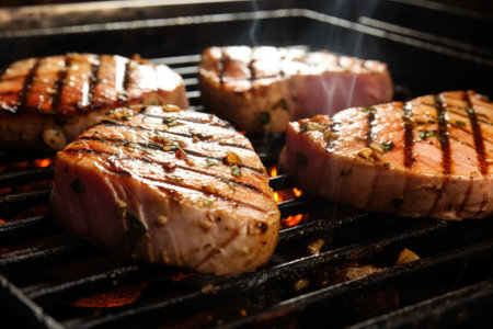 tuna steak cut into slices after being seared, created with generative aiの素材