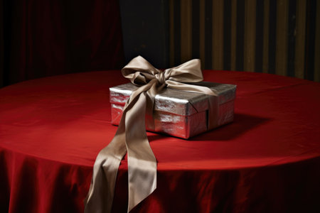 a silver ribbon wrapped around a small box on a red table, created with generative aiの素材