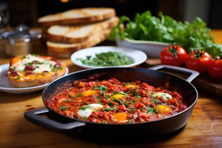 shakshuka with garlic bread on the side on a wooden kitchen island, created with generative aiの素材