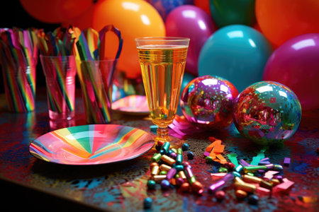 close up of colorful new years party supplies, created with generative aiの素材
