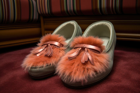 high angle shot of a plush pair of slippers on an office chair, created with generative aiの素材