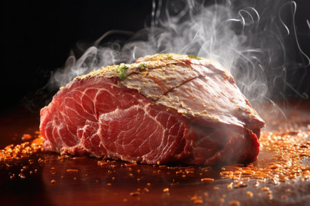 uncooked beef brisket with smoke swirling around, created with generative aiの素材