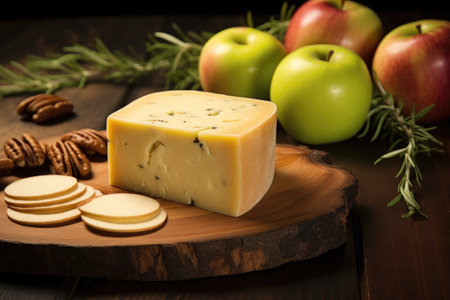 applewood smoked cheese against wooden background, created with generative aiの素材