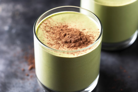close-up of avocado smoothie with cocoa powder on top, created with generative aiの素材