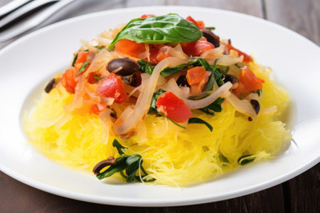 spaghetti squash salad with vegetables on a white plate, created with generative aiの素材
