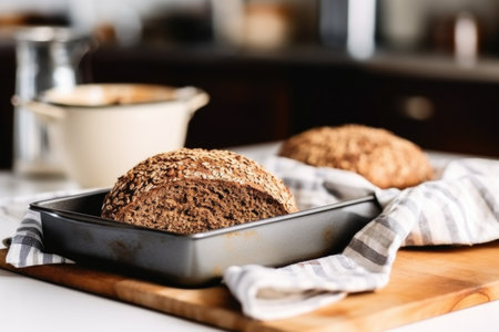 freshly baked sprouted grain bread positioned near oven gloves, created with generative aiの素材