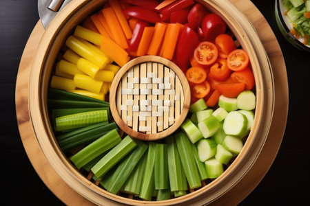 overhead shot of mixed vegetables in bamboo steamer, created with generative aiの素材