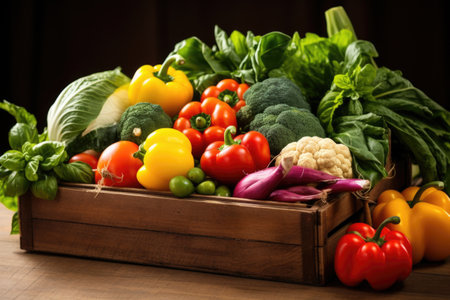 a wooden box filled with assorted seasonal vegetables, created with generative aiの素材