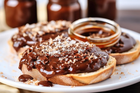 sea salt sprinkled nutella bruschetta on a glass plate, created with generative aiの素材