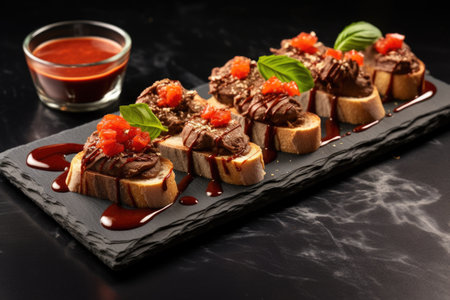 rectangular bruschetta with nutella spirals, served on a stone tray, created with generative aiの素材