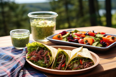 cloudy day picnic featuring beef tacos with guacamole, created with generative aiの素材
