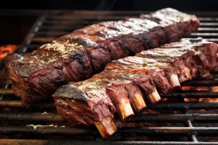 beef ribs fresh off the bbq with grill marks apparent, created with generative aiの素材