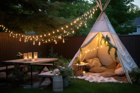backyard teepee decorated for summer solstice, created with generative aiの素材